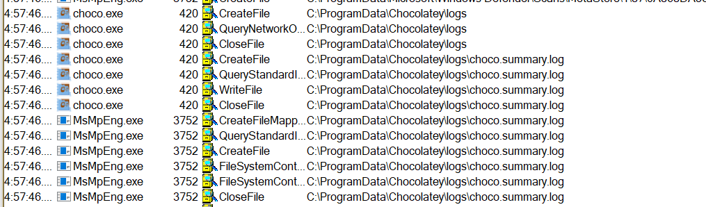 Process Monitor - choco.exe and MsMpEng.exe