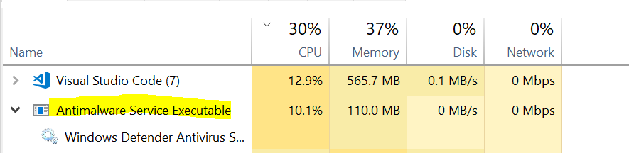 Task Manager - Windows Defender Usage